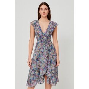 Garey Petites California Floral Wrap Midi Dress Ruffle V Neck Tie Waist Size S